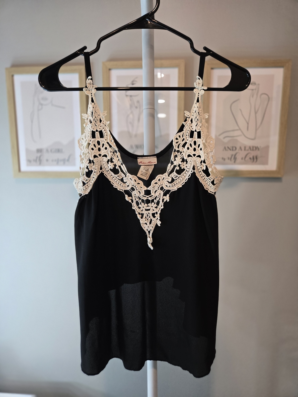 Vintage Fashion Magazine Black Camisole with Cream Lace Appliqué